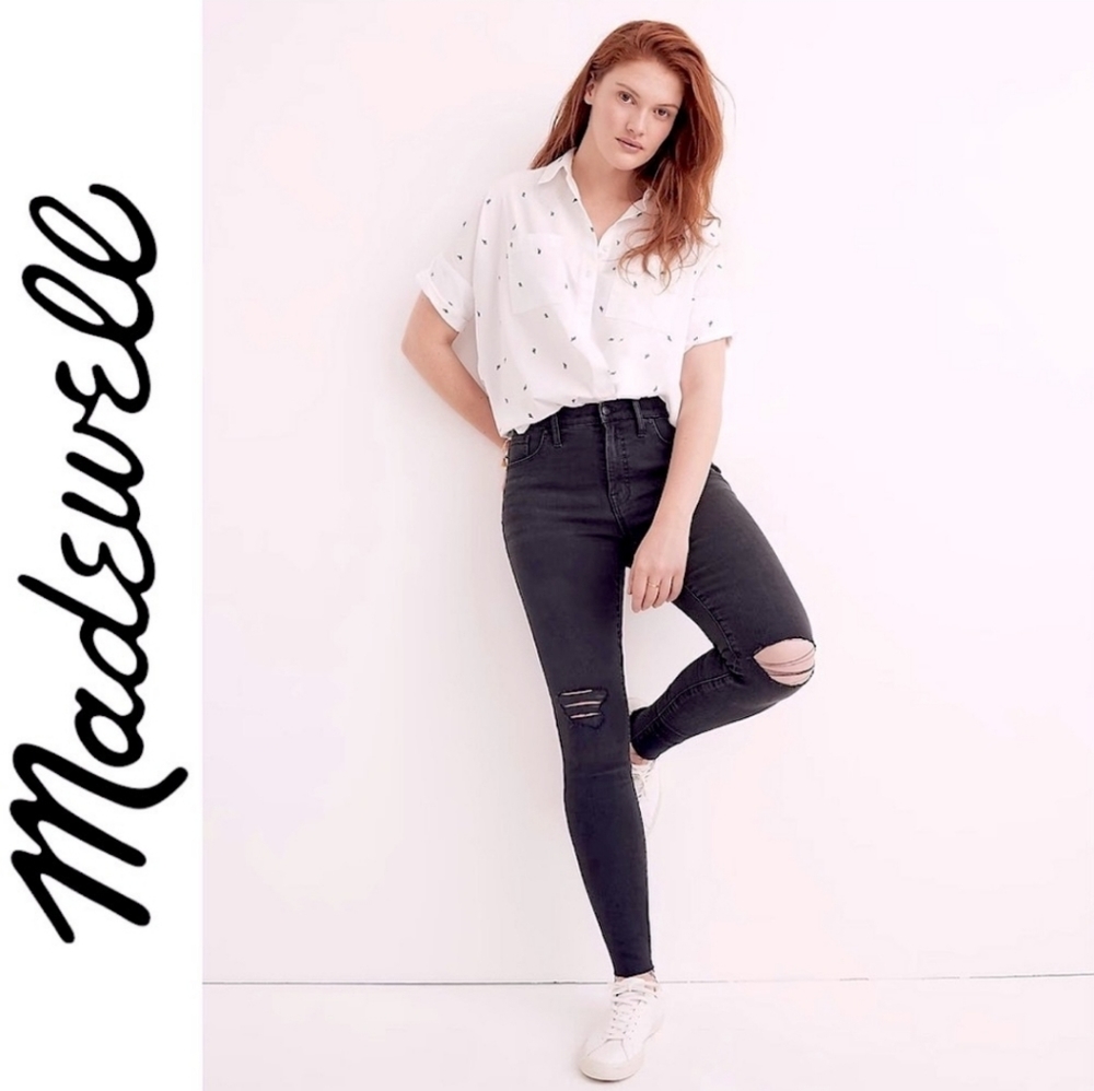 Madewell 9" High Rise Skinny Black Factory Distressed Jeans Size‎ 26